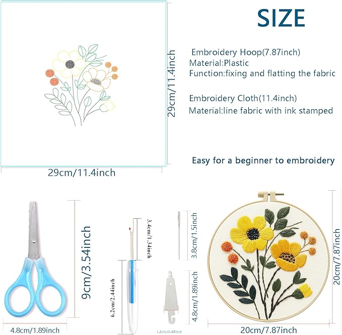 Zhenqing 3-Pack Floral Embroidery Kit for Beginners with Printed Patterns - Complete Embroidery Set with Hoop, Threads, Cotton Fabric & Tools for Home Decor (C0153)