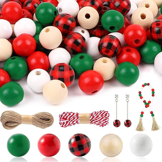 YUJUN GRACCEE 200pcs Christmas Wooden Beads Xmas Red Buffalo Plaid Polished Craft Natural Round Wood Beads for Christmas Party DIY Indoor Decoration.