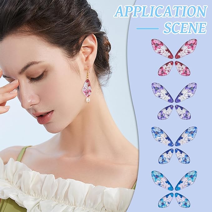 FASHEWELRY 16Pcs Resin Fairy Wing Earring Charms Pink Purple Blue Butterfly Wing Pendants Flower Print Feather Charms with Jump Rings Earrings Hooks for DIY Earring Jewelry Making