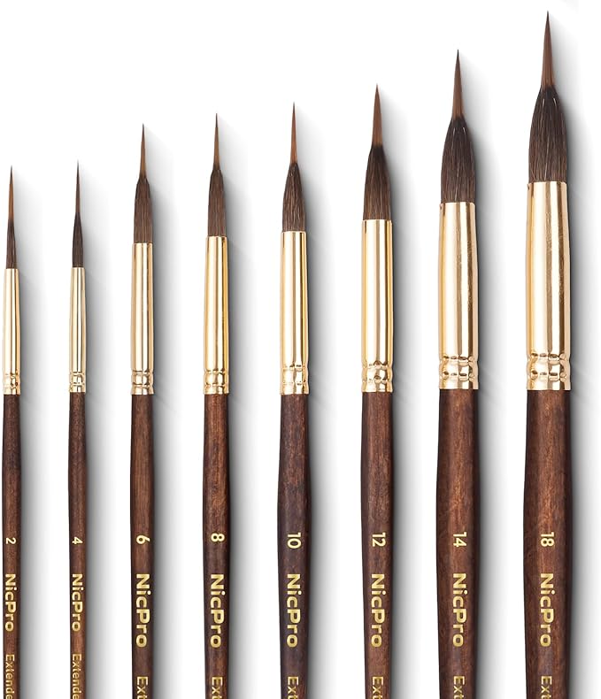 Nicpro 8 PCS Professional Watercolor Brushes, Extended Needle Point Brush Set, Sable Watercolor Brushes with Synthetic Extra Long Tip for Fine Detailing - Watercolor Acrylic Gouache Inks Painting