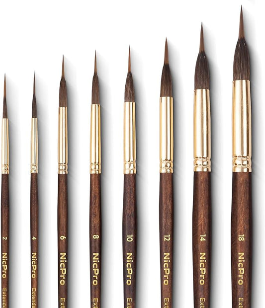 Nicpro 8 PCS Professional Watercolor Brushes, Extended Needle Point Brush Set, Sable Watercolor Brushes with Synthetic Extra Long Tip for Fine Detailing - Watercolor Acrylic Gouache Inks Painting