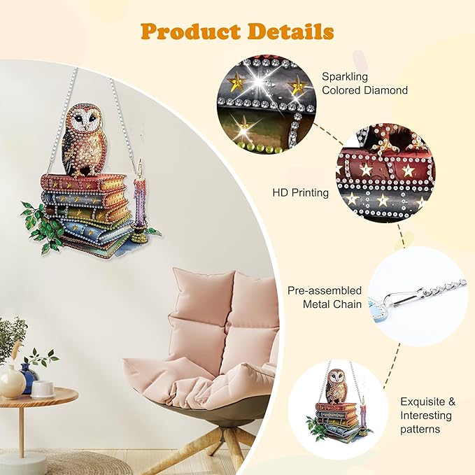 HEIBAGO Diamond Art Hanging Kits for Adults Kids, Hanging Diamond Art Owl, 5D Special Shaped Crystal Diamond Painting Kit,DIY Pattern Window Pendant for Home Wall Decor 8.3x8.3Inch