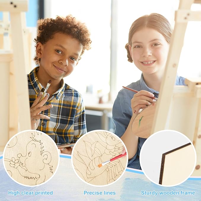 COCHIE 10 Pieces Large Cute Animals Unfinished Wood Crafts to Paint for Adults, Bulk Predrilled Wooden Ornaments for Painting, Animal Paintable Wood Slices Craft Supplies with Ropes
