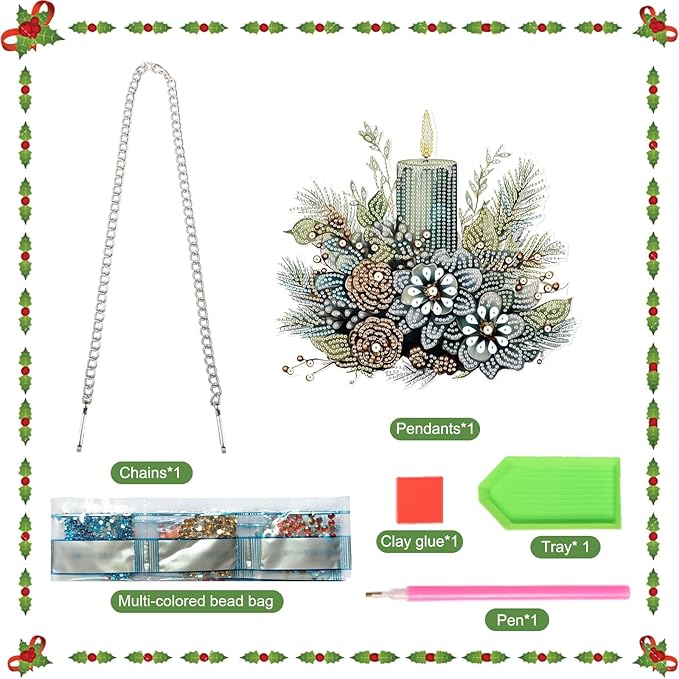 Christmas Diamond Painting Hanging Ornament Kit, 5D DIY Crystal Diamond Art Pendant with Candle and Floral Decoration, Holiday Wall, Window & Door Hanging Decor for Adults, Home Gift, 24.1 x 21.9 cm