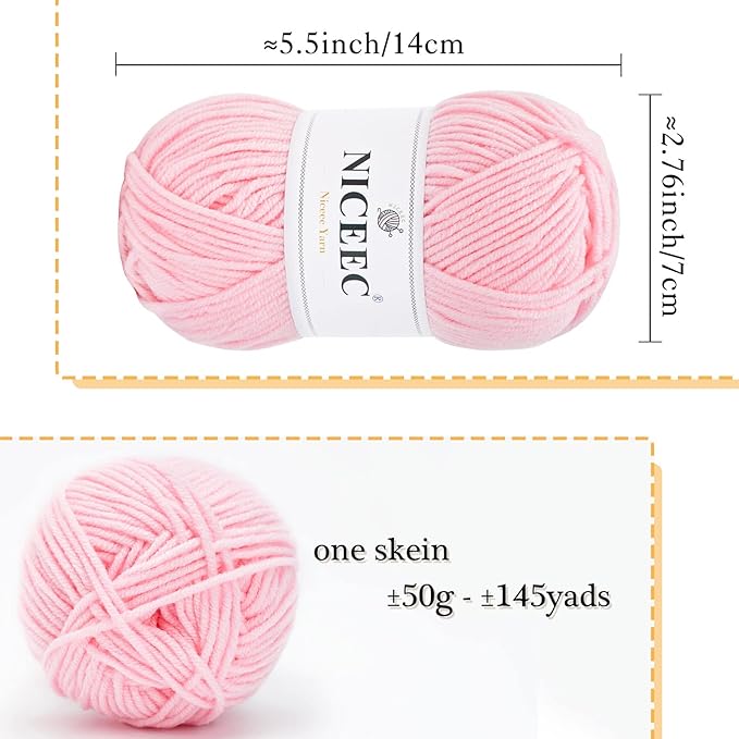 NICEEC 300g Soft Assorted Colors Yarn - Sport Weight,100% Acrylic, 4 Ply, Bonbons Yarn for Crochet & Knit, DIY Project Starter Kit for Kids or Adults(Total 870yds) - Pink Series