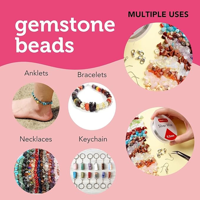 Incraftables 1000 Crystal Chip Beads for Jewelry Making – 24 Color Assorted Gemstone Chips (6–9mm) – Natural Stone Beads with Elastic Thread, Wire, Clasps, Jump Rings, Earring Hooks & Organizer