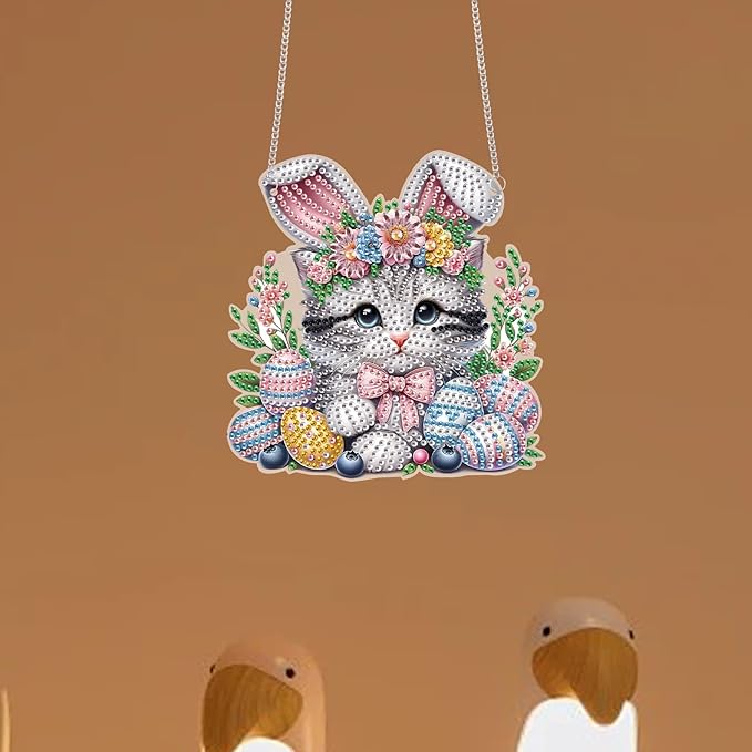 TDFERAN 2 Set Hanging Diamond Art Painting Kit Easter Ornament Cat Cow Painting Pendant Animal Diamond Gem Kits Ornament Kit for Adults DIY Acrylic Crystal Board Painting