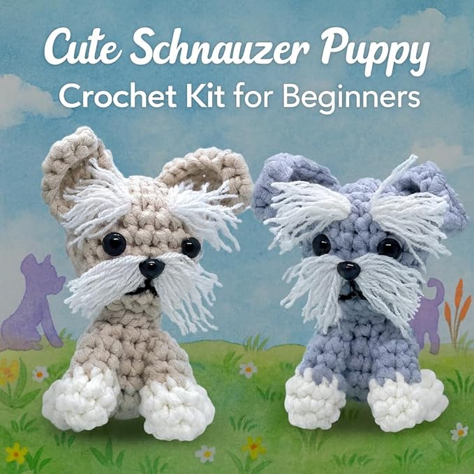 Dog Crochet Kit for Beginners, Learn Crochet Animal Kit, Include Video Tutorial & Manual, Easy Knitting Yarn for Adult, DIY Holiday Birthday Gift Idea(2pack Schnauzer Puppy)