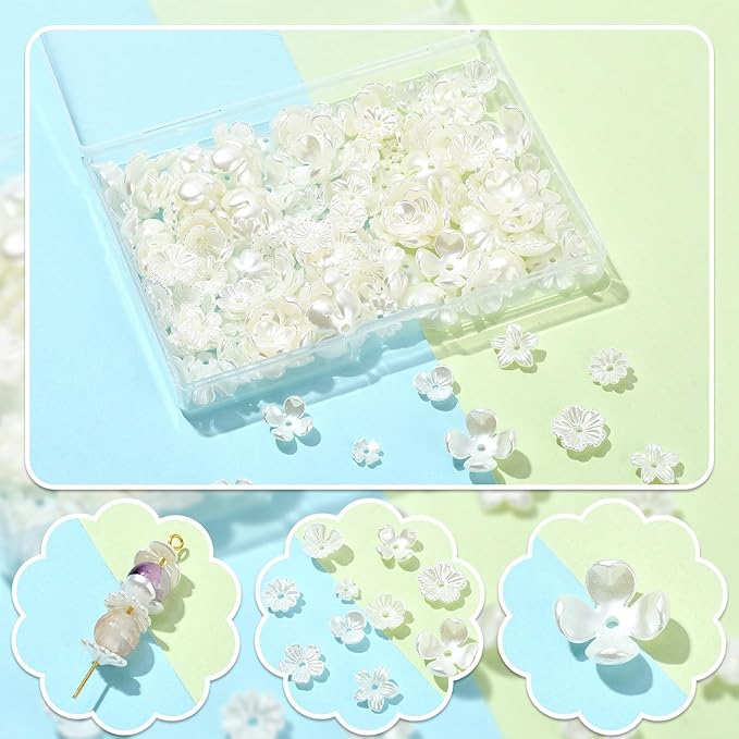 Ipotkitt 200 Pcs 10 Styles White Acrylic Flower Bead Caps ABS Plastic Spring Beads Imitation Pearl Flower Shaped Bead Caps Floral End Caps for DIY Craft Necklaces Bracelets Jewelry Making