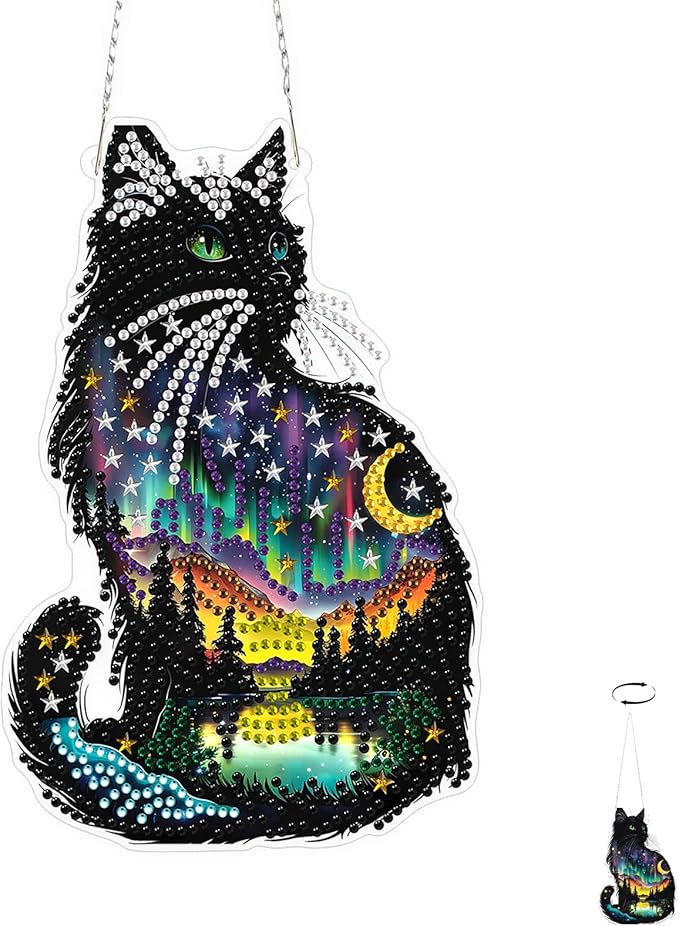 TOSTOG Aurora Kitten Diamond Art Pendant Kits for Adult, Star Diamond Painting Hanging Kit for Beginners, 5D DIY Crafts Gem Art, Waterproof Full Accessories for Home Decor Idea 20 * 20 cm/8 * 8 in