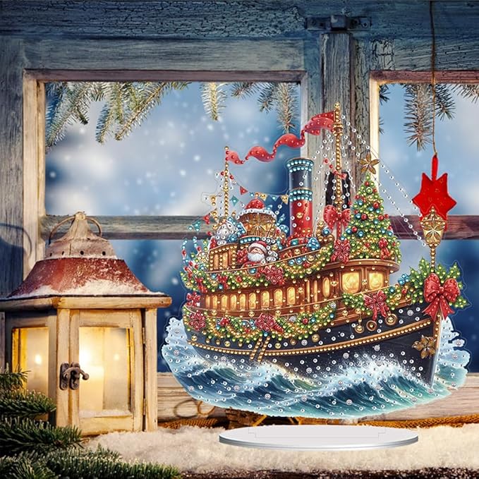 LAKEQUILL Christmas Diamond Art Painting Kits, Tabletop Ornament, Stand Up Diamond Art Desktop Kits for Home Office Decor, New Year Gift - Xmas Sailboat
