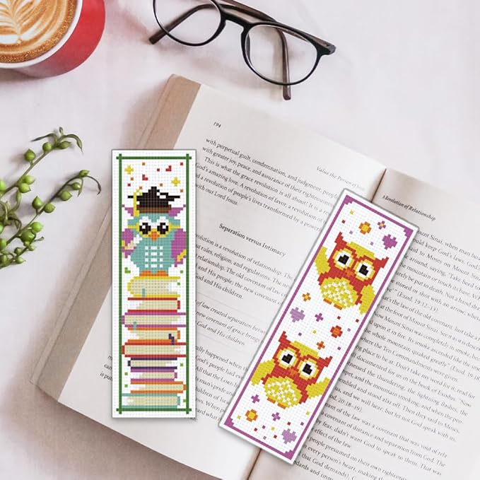 ORIGACH 6 Set Cross Stitch Bookmark Kit for Beginner Owl Pattern DIY Stamped Embroidery Bookmark Kit with 13 Colors Embroidery Floss Instructions