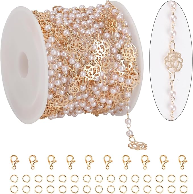 KYUNHOO 16.4 Feet 3MM Faux Pearl Bead Chain for Jewelry Making Rose Flower Link Brass Cable Chains Bulk with Clasps for Handcraft DIY Finding Supplies
