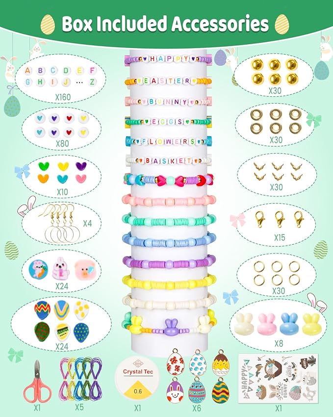 Goldwise 2046 Pcs Easter Beads Bracelet Making Kit with Heart Beads, Colorful Letter Beads, Charms, Candy & Bunny Beads, Stickers and Accessories, DIY Jewelry Craft Kit for Adults