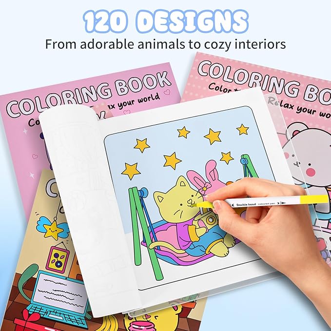 yqwuco coloring book set for adults,3 pack easy and simple designs coloring set,stress relief gifts with 36 colors markers &12 pcs glitter markers &12 pcs colored pencils for adults relaxation