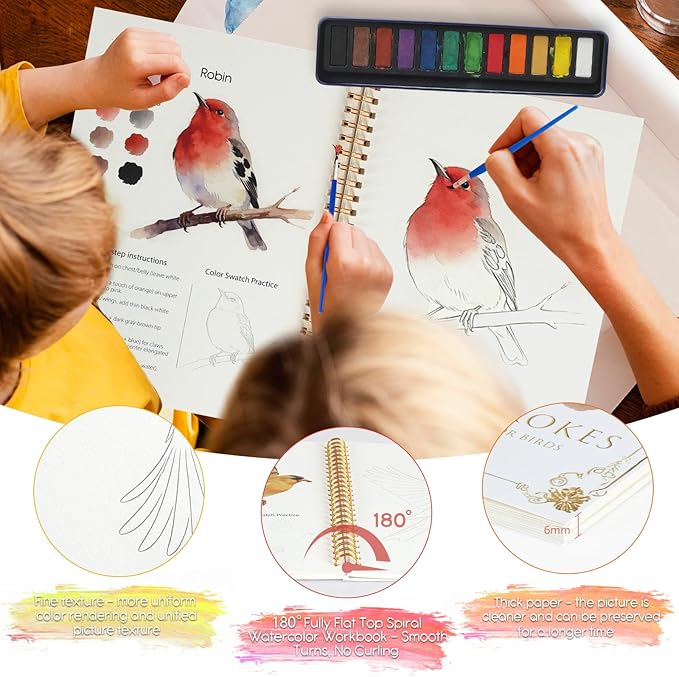 Easy-Learn Bird Watercolor Workbook, 12 Unique Bird Patterns, Bleed-Resistant Paper – Creative Gift for Adults & Teens