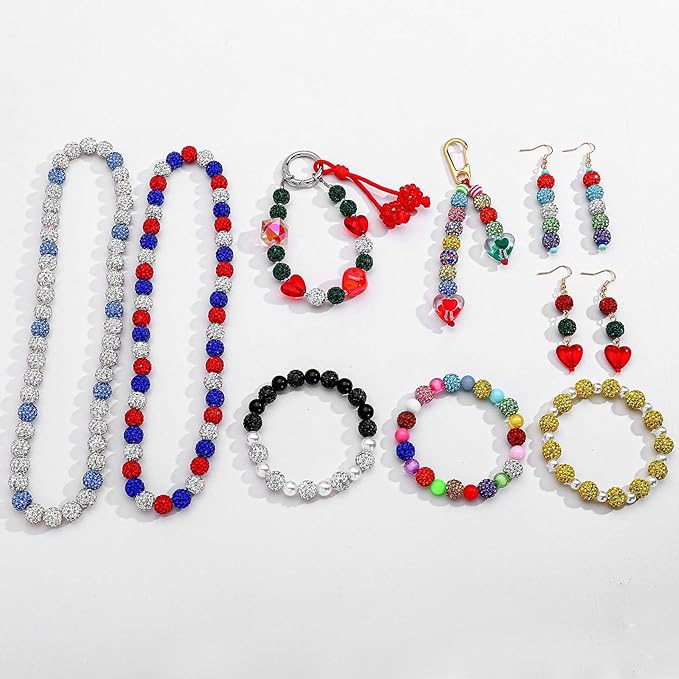 100PCS Rhinestone Beads Jewelry Making kit，10mm Crystal Color Round Sparkle Clay Beads Disco Ball Bulk Baseball Necklace Bracelets Earrings Keychain Bag Charm DIY Crafts