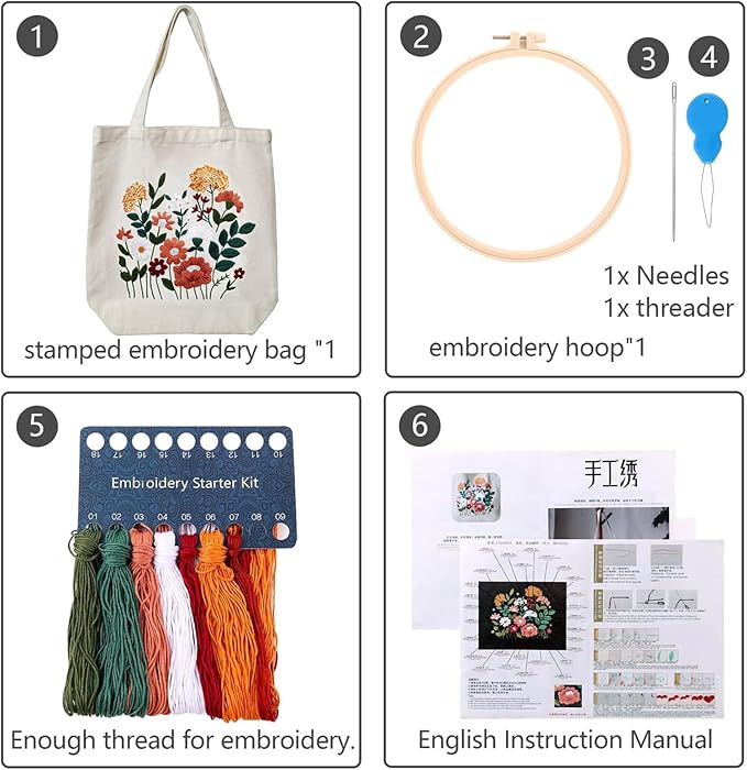 MAMUNU Canvas Tote Bag Embroidery Kit with Pattern for Beginners, Arts and DIY Crafts Kits for Adults, Include Instructions Embroidery Bag, Embroidery Hoops, Color Threads and Tool