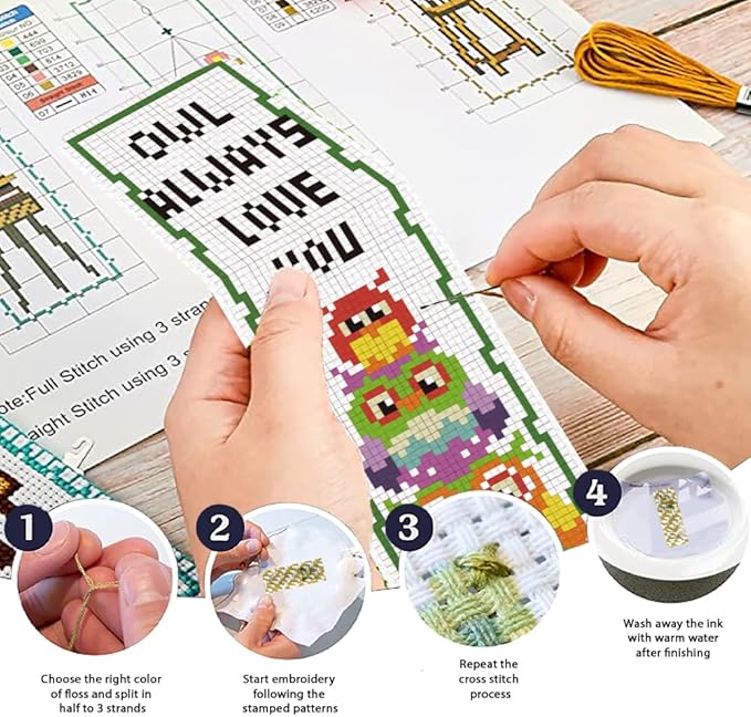 ORIGACH 6 Set Cross Stitch Bookmark Kit for Beginner Owl Pattern DIY Stamped Embroidery Bookmark Kit with 13 Colors Embroidery Floss Instructions
