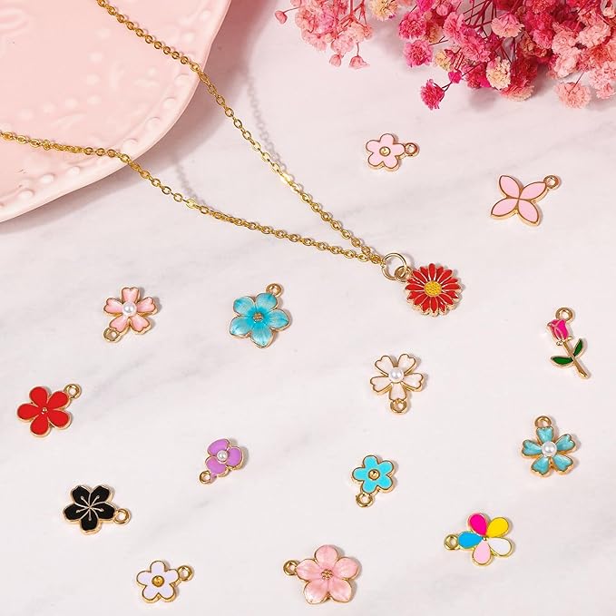 100Pcs 50 Pairs Flower Charms for Jewelry Making, Wholesale Assorted Enamel Mixed Bulk Metal Earring Charms for DIY Necklace Bracelet Earring Jewelry Making and Crafting