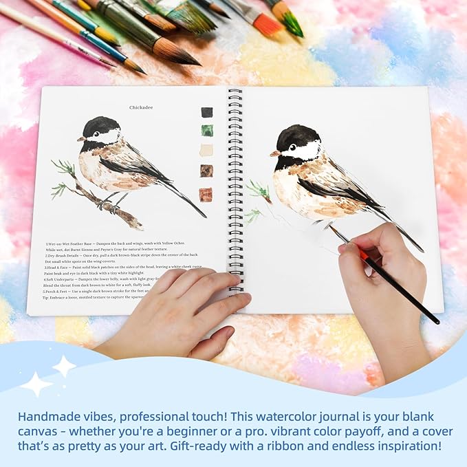 Teswarha Watercolor Workbook Using Thick Real Cotton Watercolor Paper for Adults Teens Spiral Bound 300GSM Art Paper 12 Sheets Birds 8.2 x 9.8in