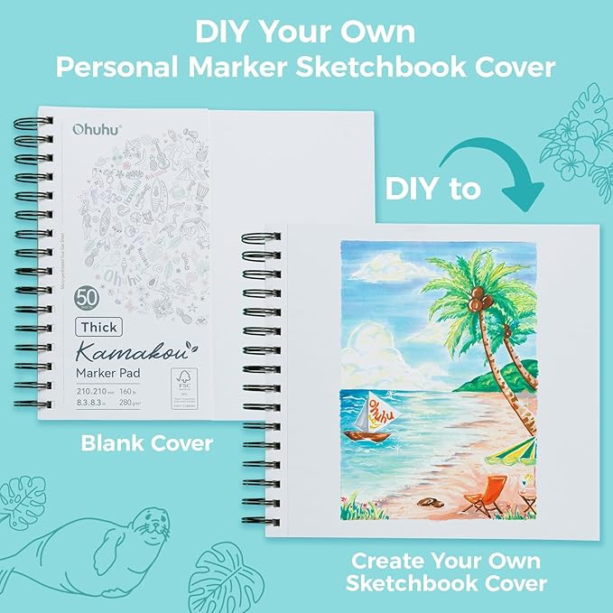 Ohuhu Double-Sided Bleedproof Marker Pad - 8.3"x8.3" Square Paper Size - 160 lb/280 gsm Heavyweight Smooth Drawing Paper - 50 Sheets/100 Pages - Spiral-Bound Sketchbook for Alcohol Markers