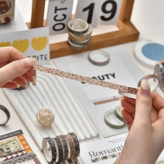 20 Rolls Skinny Vintage Washi Tape Set Retro Arts Adhesive Tapes Basic Patterns Decorative Masking Tape Sets for Craft, Kids, Scrapbook, DIY, Gift Wrapping (Ephemeral Blossoms)