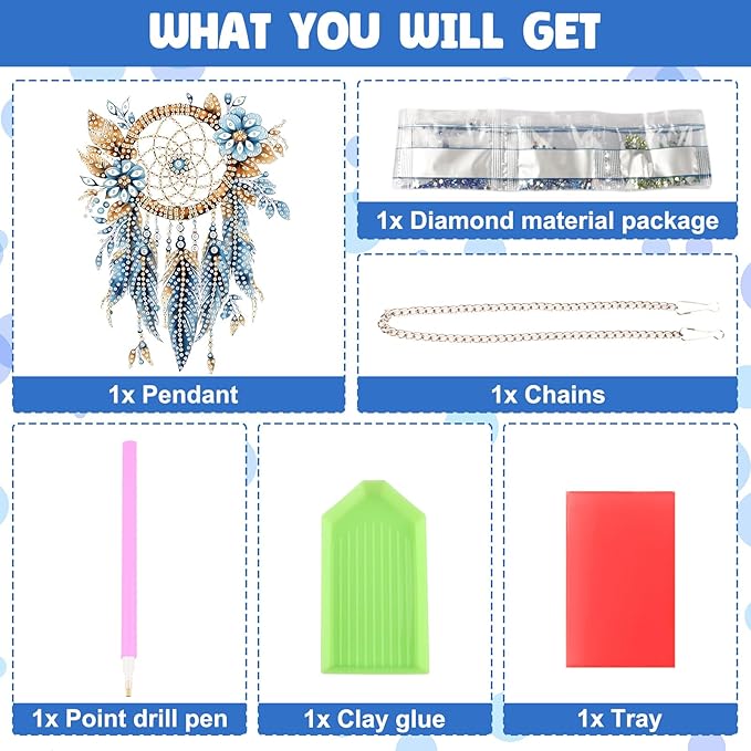 NAIMOER DIY Hanging Diamond Art Kits for Adults, Blue Dream Catcher Diamond Painting Kits, Special Shaped Rhinestone, Acrylic 5D Gem Art Craft Window Pendants Home Garden Wall Hanging Ornament Kits