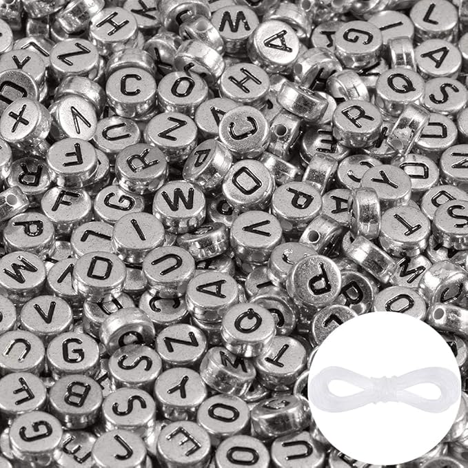 1000pcs Silver Letter Beads for Bracelets, 4x7mm Black Alphabet A-Z Beads Friendship Bracelets Jewelry Making Kit for Teen Girl Gifts