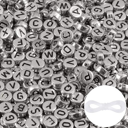 1000pcs Silver Letter Beads for Bracelets, 4x7mm Black Alphabet A-Z Beads Friendship Bracelets Jewelry Making Kit for Teen Girl Gifts