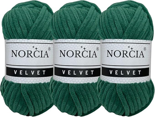 Soft Velvet Chenille Yarn for Crocheting Baby Blanket, Knitting, Amigurumi, Fancy Crochet Weaving Craft (Hunter Green, 3 Skeins)