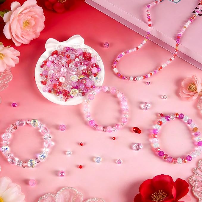 636pcs glass beads for jewelry making - pink red valentine's day craft crystal beads with loose beads sparkly faceted beads hole drilled diy for bracelets craft earrings necklace jewelry making