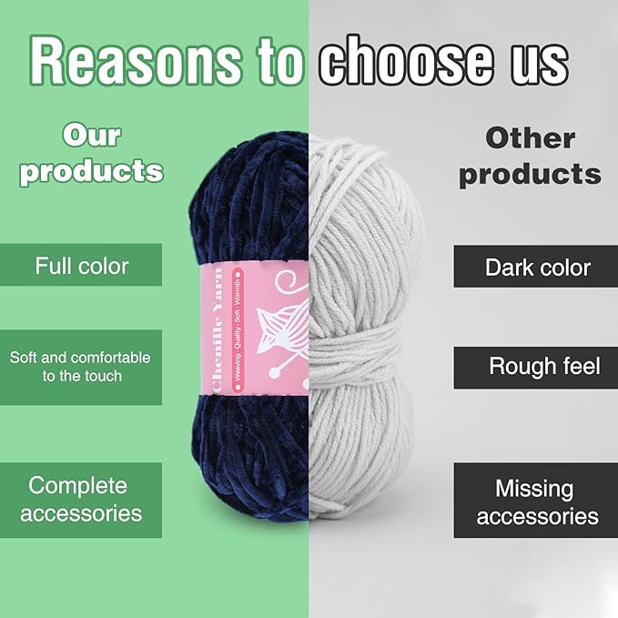 LUNARM Chenille Velvet Yarn for Crocheting Knitting with Big Eye Needles, Handcrafts Weaving Soft Chenille Yarn for Making Blankets Clothes Pattern Knitting-3 * 3.35oz,3 * 162yds (Navy Blue)