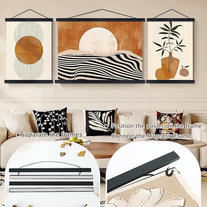 Artmag Magnetic Poster Hanger Frame, 19x19 19x13 19x25 Light Wood Wooden Magnet Canvas Artwork Print Poster Hangers Frames Hanging Kit (Black, 19")