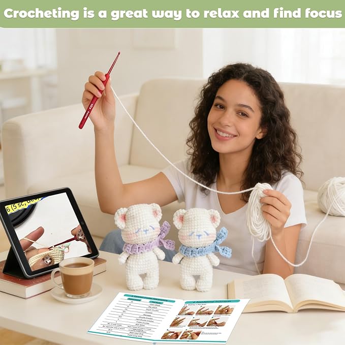 JueRum All in One Crochet Kit for Beginners,Bear Crochet Starter Kit with Step-by-Step Video Tutorials,Learn to Crochet Bear Animals Amigurumi Knitting Kit for Adult