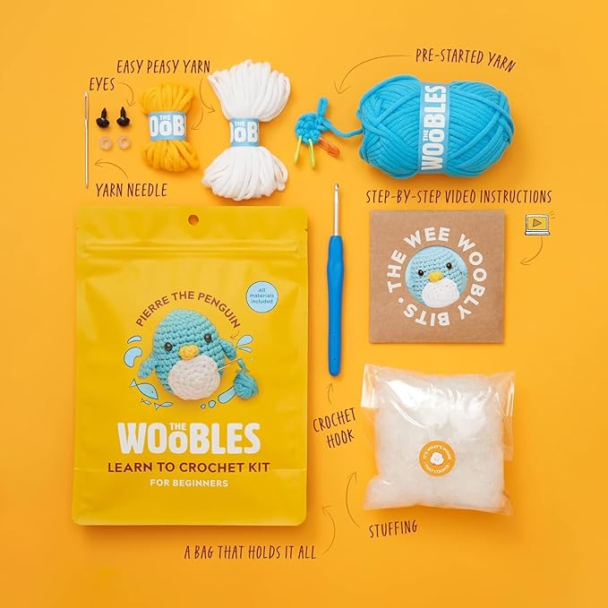 the woobles crochet kit for beginners - easy arts and crafts knitting & crochet animals kit as seen on shark tank - pierre the penguin
