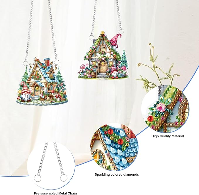 2 Pack Diamond Painting Hanging Ornaments – Fairy Cottage & Gnome House DIY Acrylic Craft Kit with Chains, Whimsical Holiday Home Decor for Adults