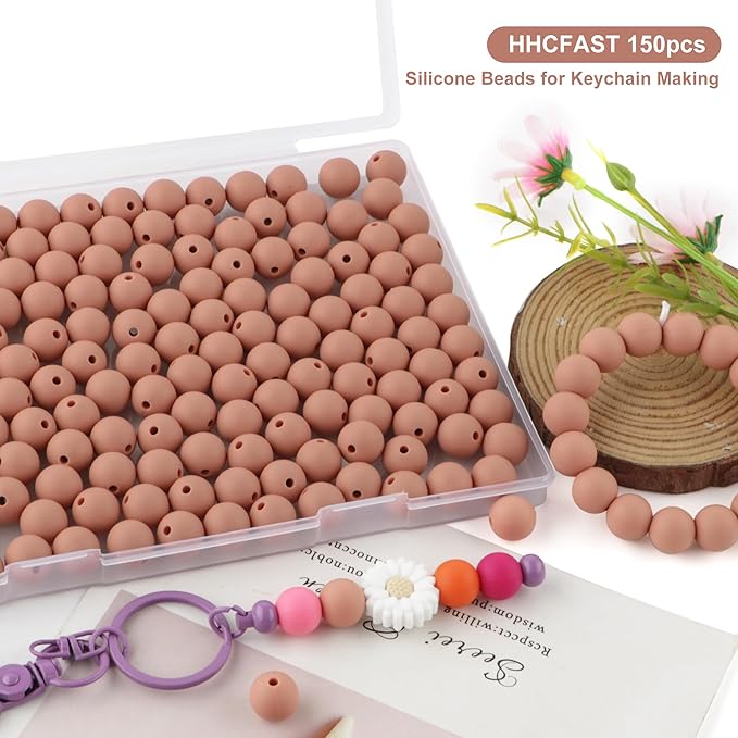 150Pcs 15mm Silicone Beads for Keychain Making Bracelet Necklace, Bulk Round Silicone Beads for Pens(Deep Peach)