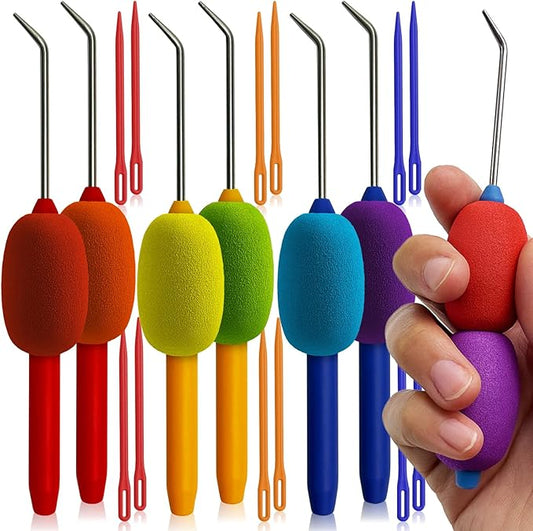 UCDRMA Knitting Loom Hook with Soft Grip, More Comfortable Loom Knitting Hook for Arthritic Hands, 6PCS Longer Loom Crochet Hooks (5.5in) Stainless Steel Yarn Loom Hooks with 12 Sewing Needles (M)