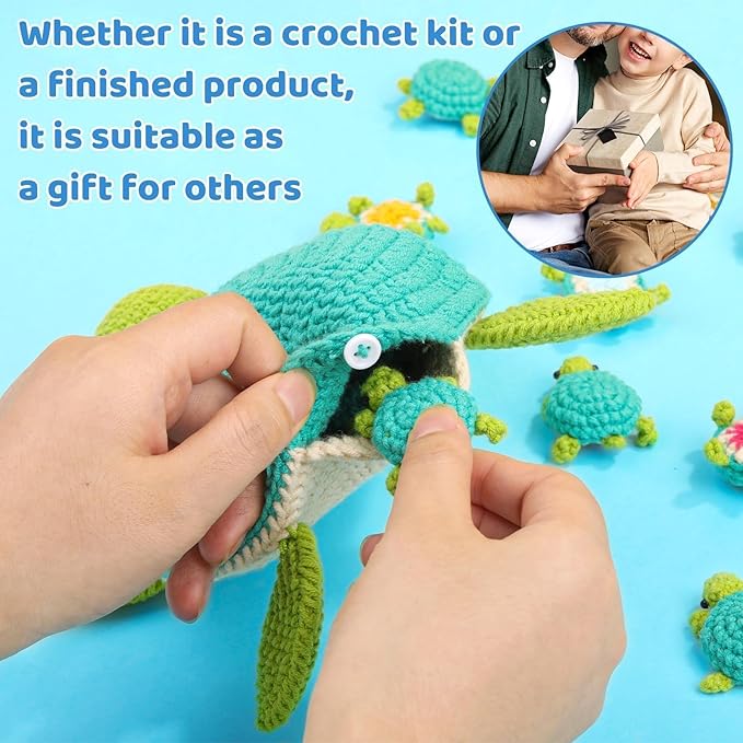 FOUSNOW Crochet Kit for Beginners, 21 Pcs Turtles Family Crochet Animal Kit for Adults, Memory Matching Game, Crochet Start Kit with Step-by-Step Video Tutorials, Accessories, Craft Art