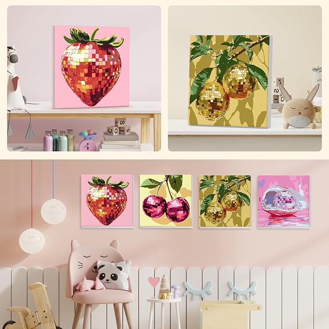 NEWENMO 4 Pack Paint by Numbers for Adults with Wooden Framed, Sparkling Funky Fruit, Paint by Number Kits on Canvas for Beginner, DIY Acrylic Oil Painting Kits for Home Decor 8x8 inch, Disco Ball