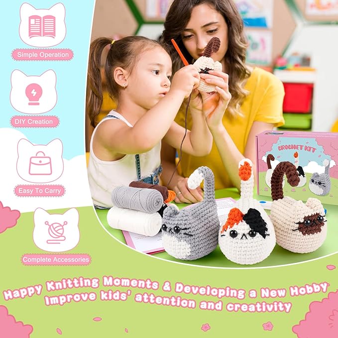 Cat Crochet Kit for Beginners-3PCS Cats Crochet Kits,Teacher Appreciation Gifts for Women, Crochet Starter Kit with Step-by-Step Video Tutorials,Crochet Animal Kits DIY Craft Learn to Crochet Kits