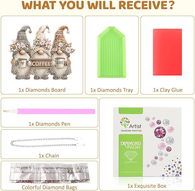 MEIYUDA Gnomes Diamond Art Hanging Kits for Adult, Coffee Gnomes Diamond Painting Hanging Kits Ornaments, DIY Special Shaped Rhinestone Window Pendants kit for Home Garden Wall Decor Gift