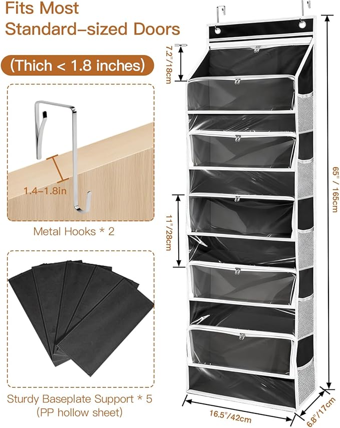 Hanging Yarn Storage Organizer, Large Capacity Over the Door Yarn Organizer with 6 Clear Zipper Pockets 10 Mesh Side Bags, Hanging Yarn Holder Knitting Storage Bag for Crochet Hooks, Black