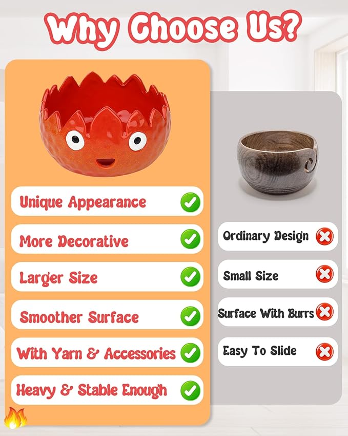 Coopay Flame Yarn Bowl for Crocheting/Knitting, Cute Yarn Storage Bowl with 7PCS Yarn, Large Size Ceramic Yarn Bowl Crochet Knitting Bowl for Beginners, Great Knitting Crochet Gift (7in)