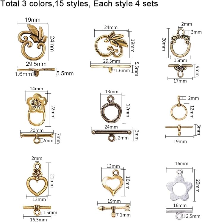 PH PandaHall 60 Sets Toggle Clasp, 15 Styles T-bar Closure Clasps IQ Toggle Clasps Flower Heart Clasps Fastener Hook Toggle Connectors TBar End Clasps for Necklace Bracelet Jewelry Making