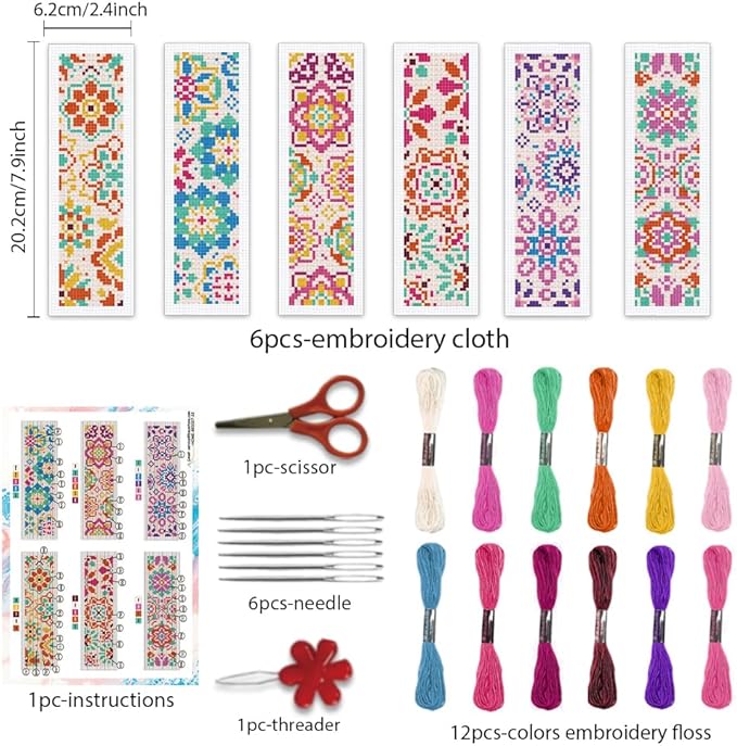 BEUNITONE 6 Pcs Mandala Cross Stitch Bookmark Kits for Beginners DIY Stamped Embroidery Bookmark Kit Colorful Floral Punch Needle Set with Instructions Craft Kit for Book Lover Gifts 8''x2.4''