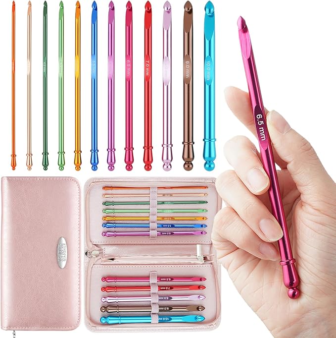 Guclud Inline Crochet Hook Set - 12PCS Ergonomic Extra Long Aluminum Hooks (3-10mm) with Grip Handles for Arthritic Hands, Complete Crochet Kit for Beginners with Storage Case