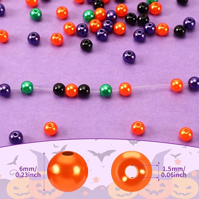 UPINS 1200Pcs Halloween Beads Round 6mm Black Purple Orange Green Pearl Beads for Jewelry Making Halloween Mardi Gras Party Decoration Necklace Bracelets Hair Beads DIY Crafts (4 Colors)