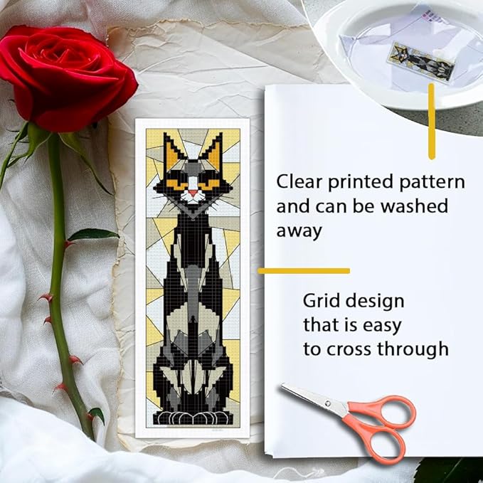 ORIGACH 6 Set Stained Glass Black Cat Cross Stitch Bookmark Kit for Beginner with Backing Felt Floss Instructions DIY Stamped Embroidery Bookmark Kit for Adults, Book Lovers